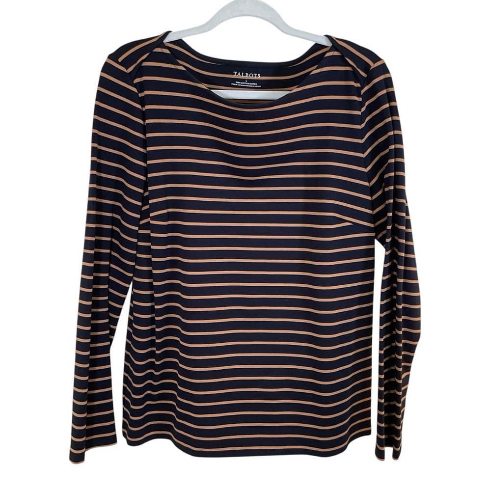 Talbots Women’s 100% Cotton Long Sleeve Scoop Neck Navy/Beige Striped Top. Sz L